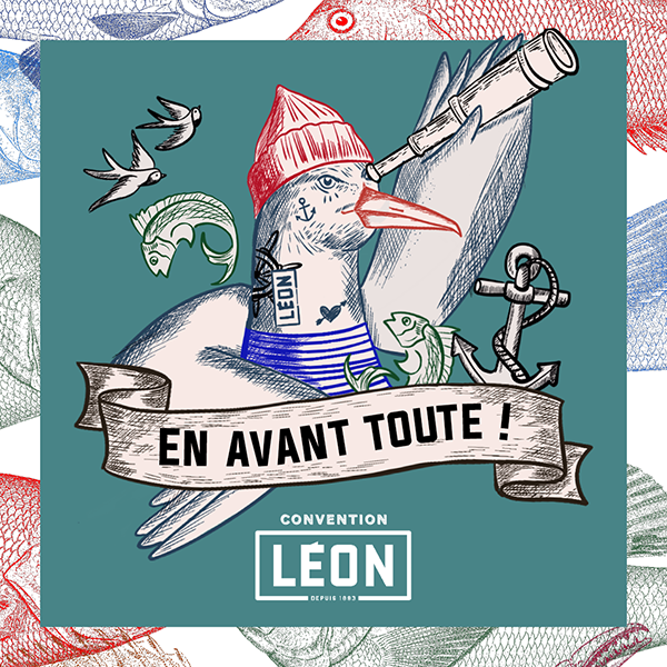 Illustration mouette capitaine pour la convention Léon fish brasserie