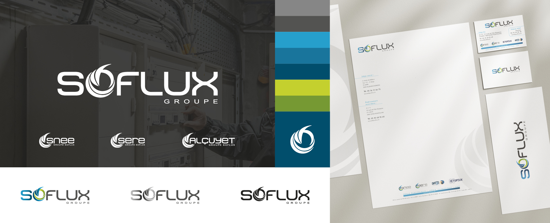 SOFLUX, logo, charte graphique, papier à entête, carte de visite