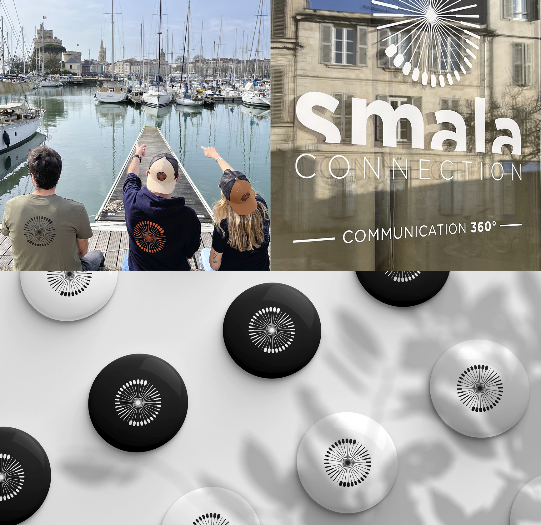 SMALA, mise en situation d'outils de com : t-shirt, casquettes, badges, devanture…