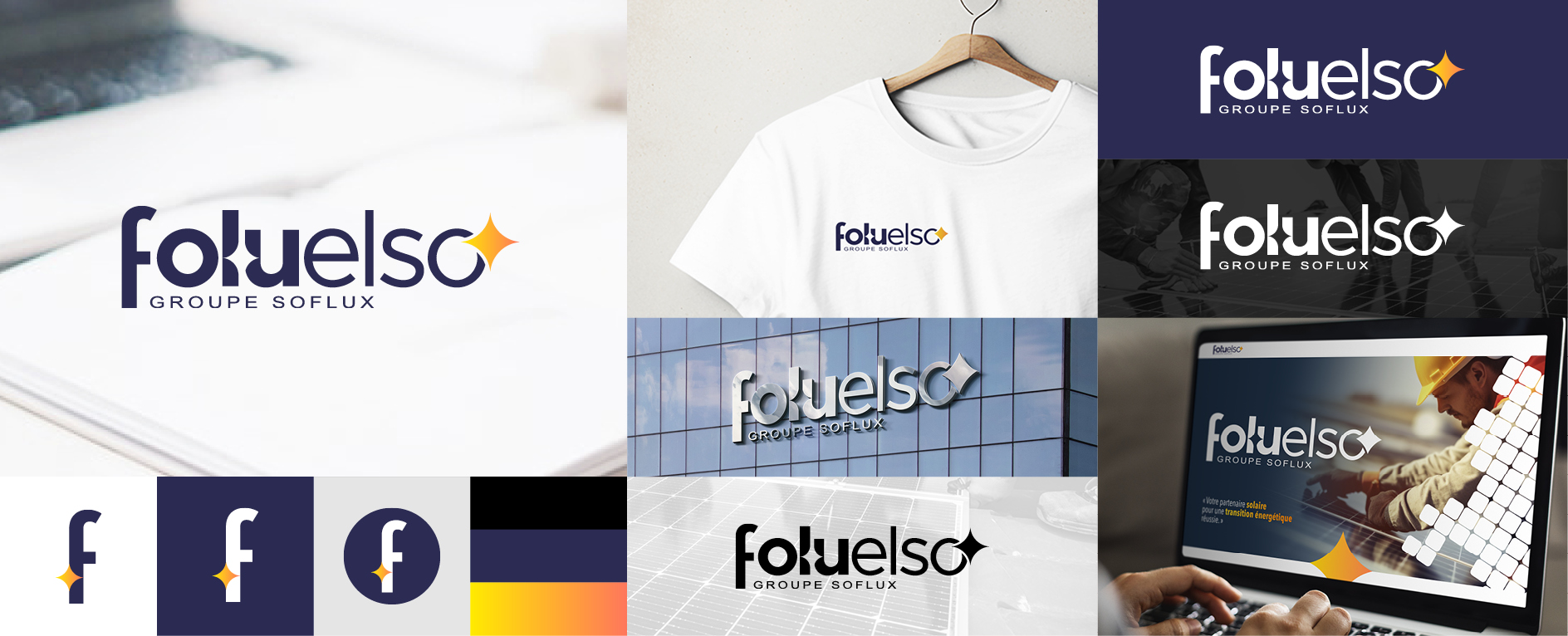 FOLUELSO, mise en situation du logo dans plusieurs couleurs sur différents fonds