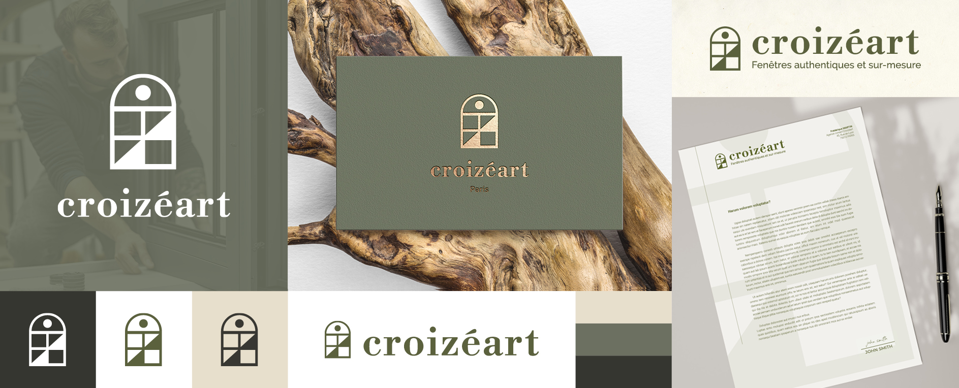 Planche présentant les logos CROIZÉART, la carte de visite avec dorure 