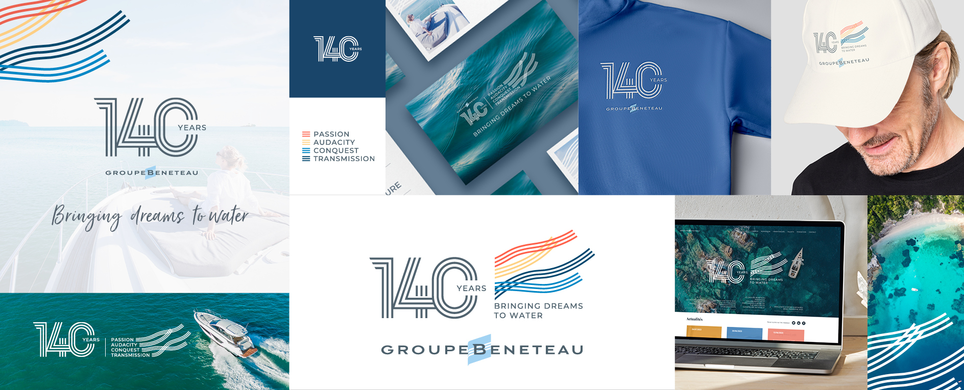 GROUPE BENETEAU, mise en situation du logo et de ses déclinaisons sur des fonds différents