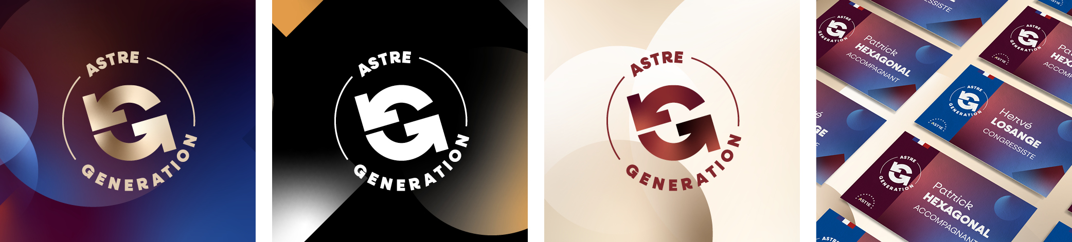 Logo Astre Génération en version simplifiée dans différentes couleurs sur des fonds texturés contrastés